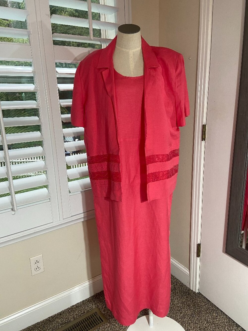 Vintage Halmode Petites Linen Blend 2 PC Shift Dress Jacket Set 16P Coral Lace